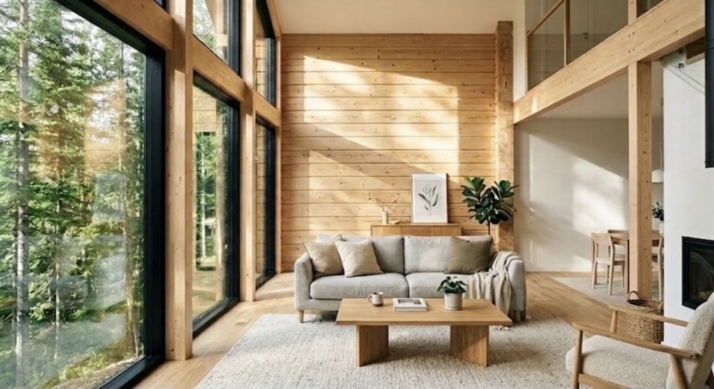 Естественное освещение через панорамные окна в гостиной современного деревянного дома из бруса