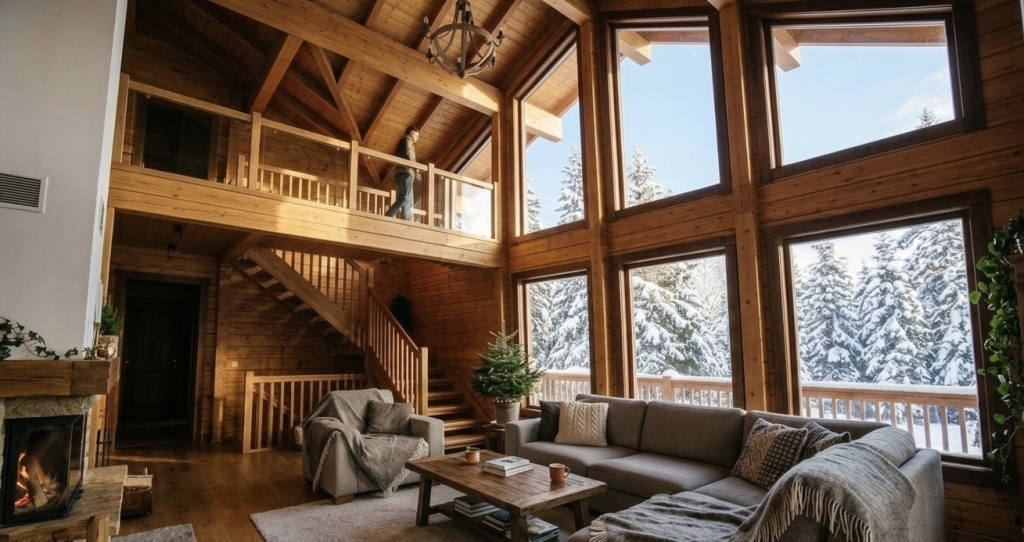 Уютная гостиная в деревянном доме со вторым светом, камином и панорамными окнами с видом на зимний лес